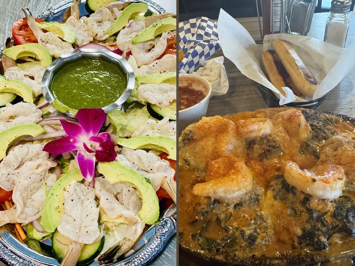 Fresh seafood plates with drinks on a table.