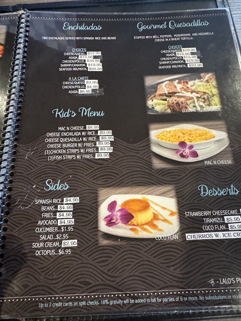 Menu layout for seafood, tacos, and drinks.